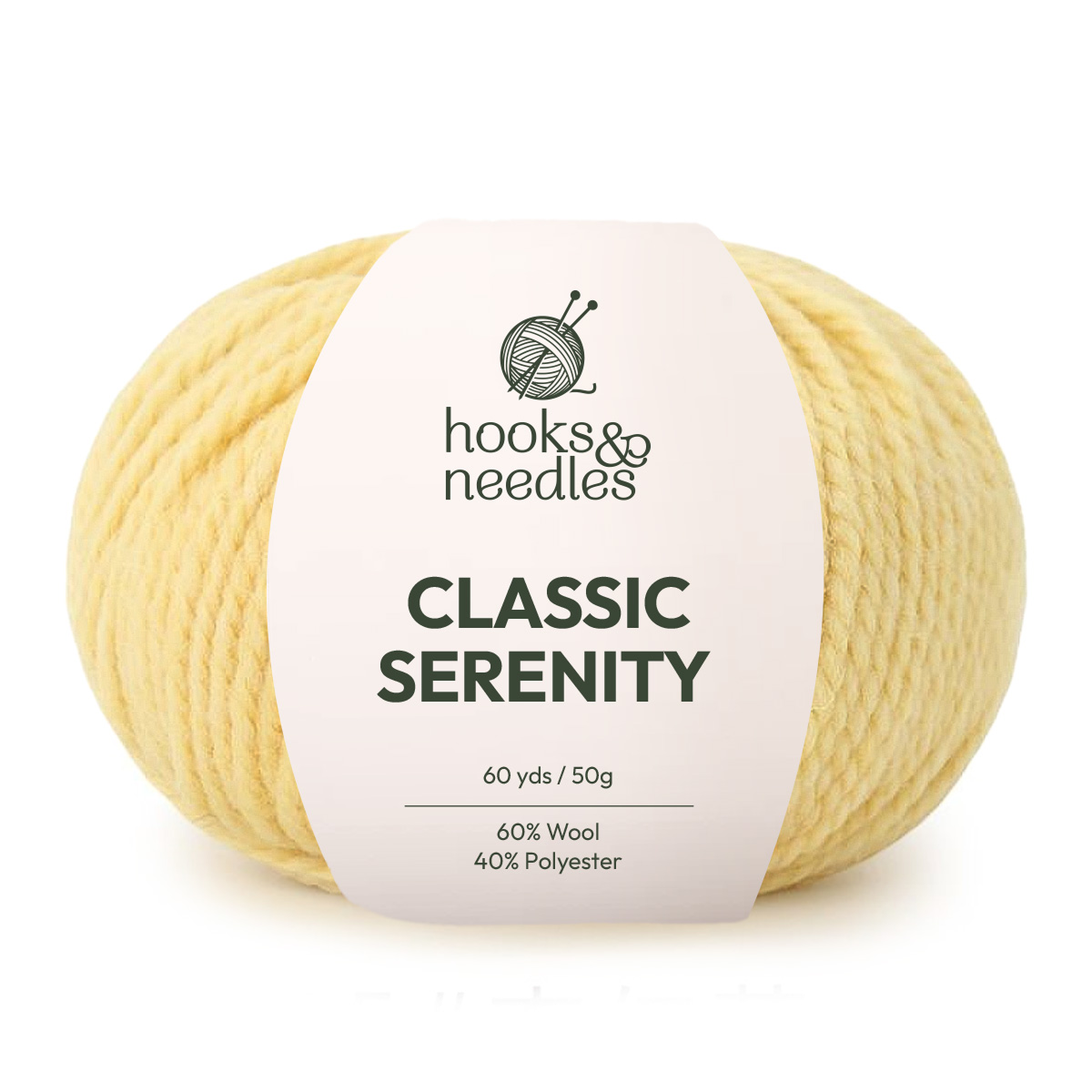 A ball of pale yellow Classic Serenity Yarn, super bulky, 60 yards/50g, 60% wool/40% polyester—ideal for chunky blankets and cozy projects with its soft wool-polyester blend.