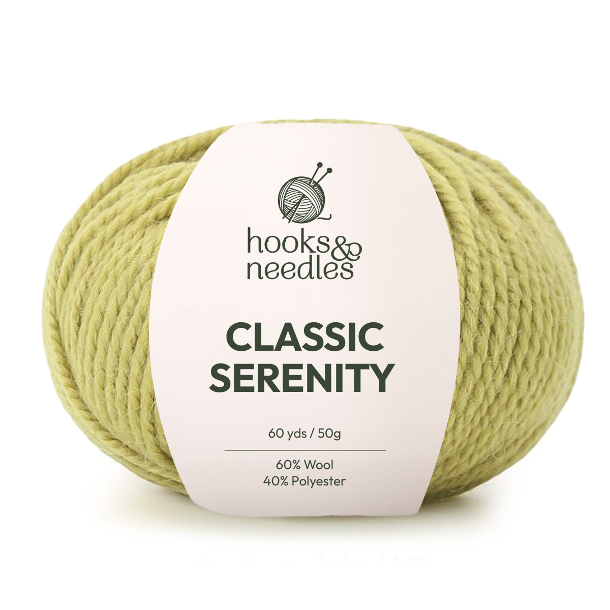 A skein of light green Classic Serenity Yarn, 60% wool/40% polyester blend, 60 yds, 50g—ideal for chunky blankets and cozy creations.