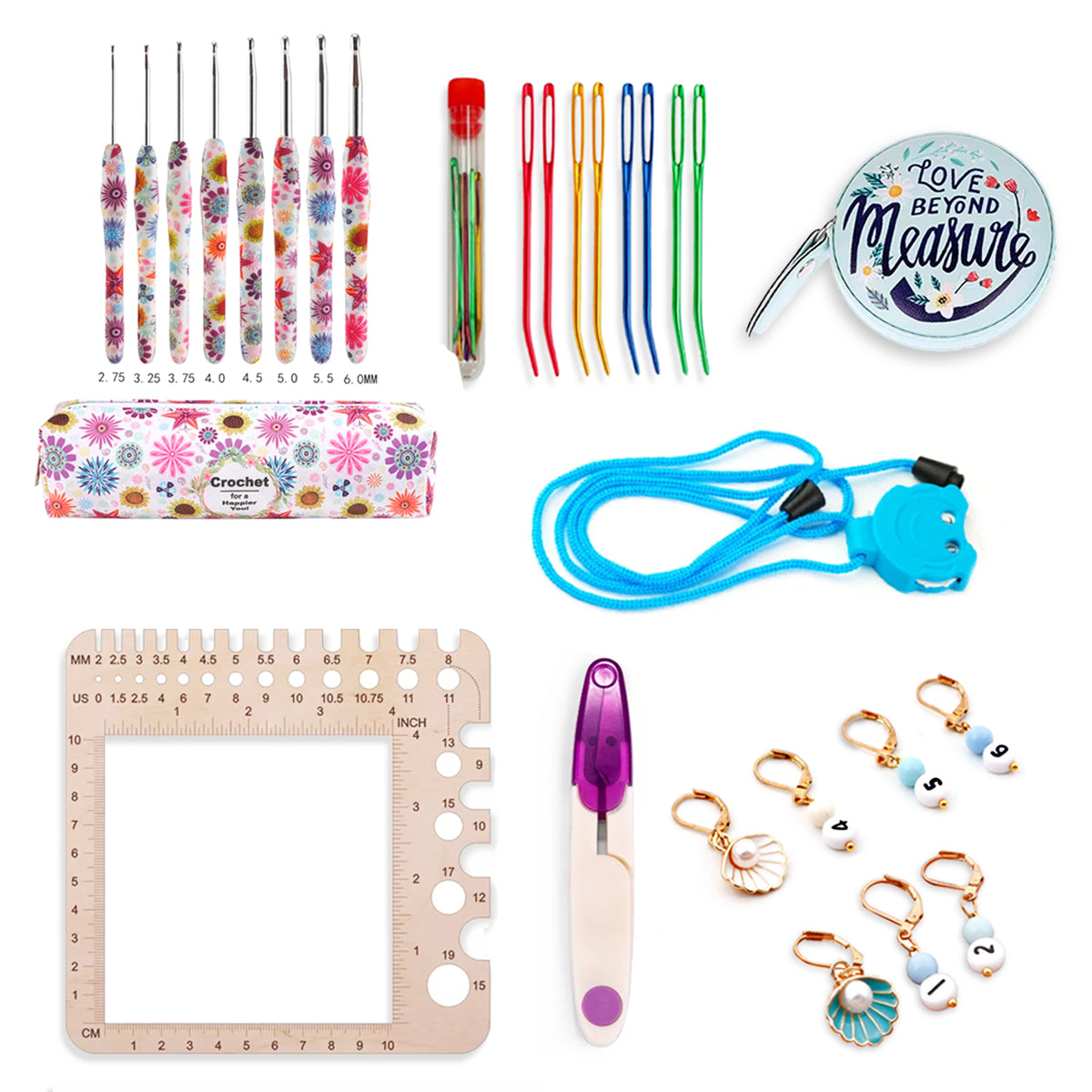 The 29-Piece Crocheting Kit is ideal for beginners and includes ergonomic hooks, needles, a tape measure, stitch markers, a gauge ruler, and a row counter—all showcased on a clean white background.