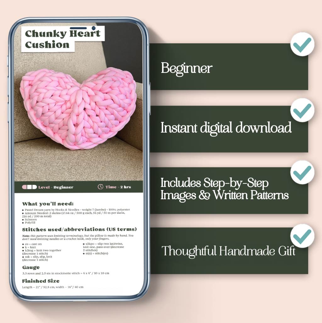 Chunky Heart Cushion Knitting Pattern
