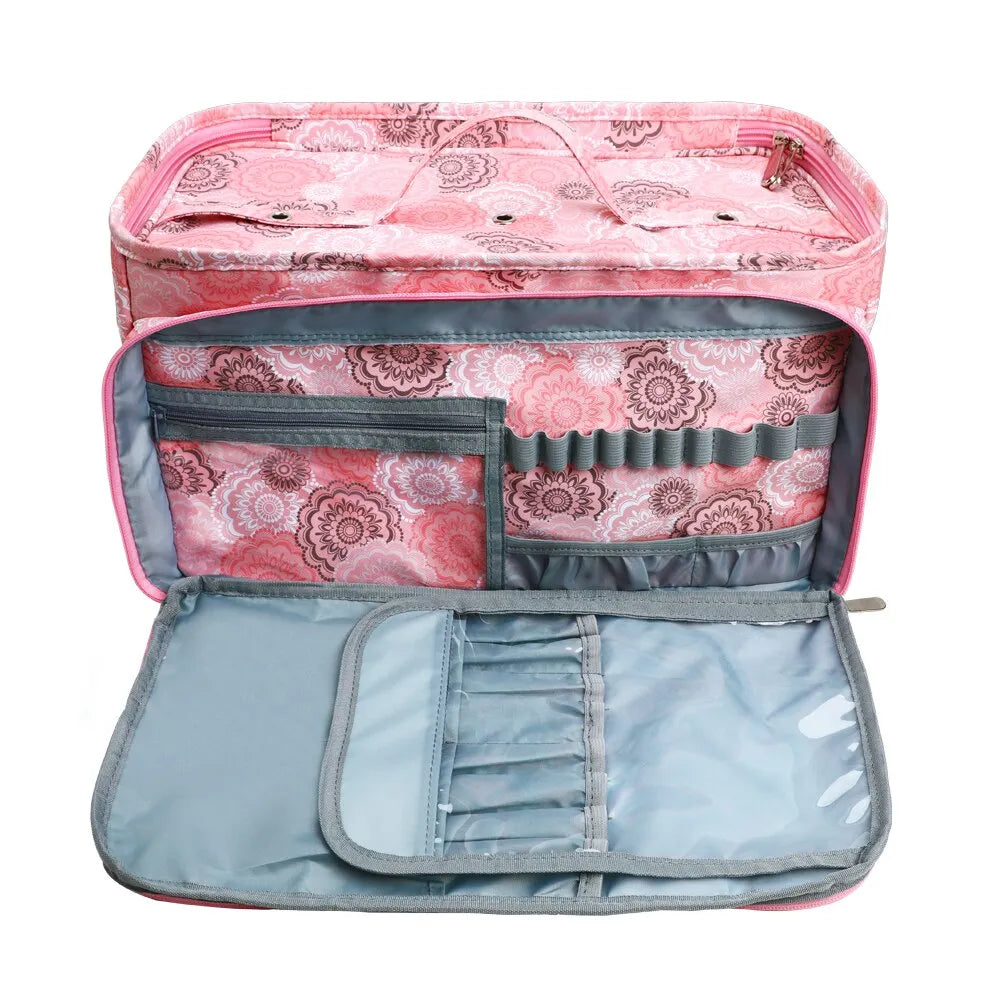 Open pink floral Multi-Purpose Craft Bag with multiple compartments.