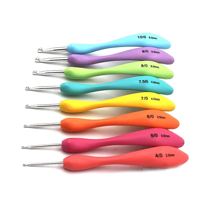 A vibrant **Crochet Hook Set 8 Pcs with Soft Grip Handles** featuring ten colorful hooks arranged in a row, ranging from 2.5mm to 6.0mm, with soft grip handles for ergonomic crocheting.