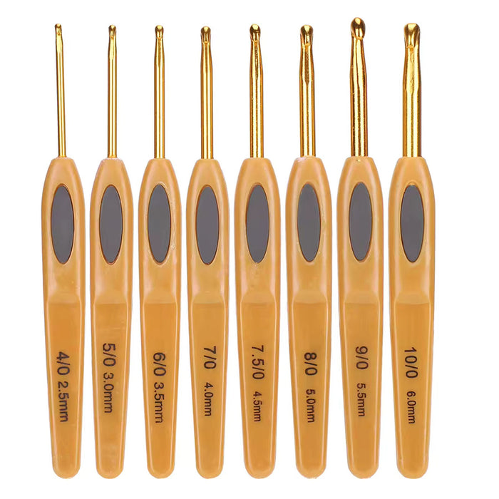 A Crochet Hook Set 8 Pcs with gold-colored, high-quality design crochet hooks with ergonomic handles, labeled from 2.5mm to 6.0mm.