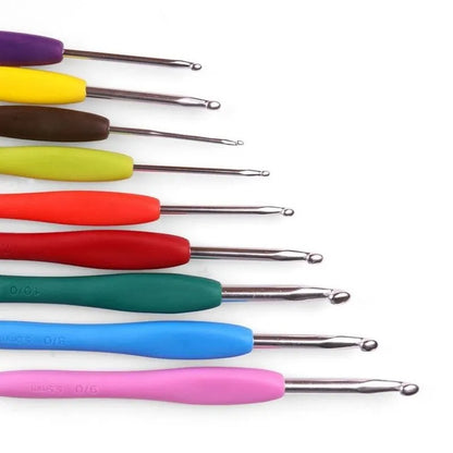 A high-quality Ergonomic Crochet Hook Set 9 Pcs with colorful, ergonomic grip handles arranged in a row, each varying in size and color, made from durable aluminum.