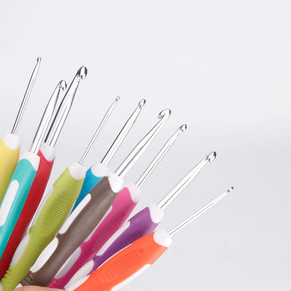 A set of nine ergonomic crochet hooks from the "Crochet Hook Set 9 Pcs with Soft Grip Handles" collection, featuring color-coded designs and fan-shaped arrangement against a minimalist background.