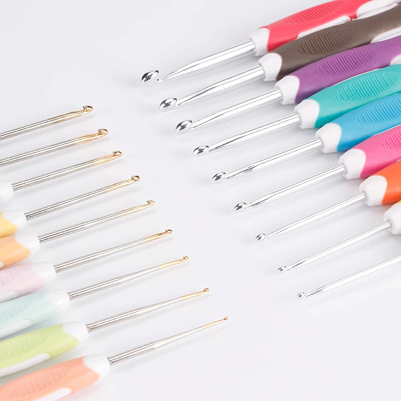 The Crochet Hook Set 9 Pcs with Soft Grip Handles is displayed in two rows, featuring different sizes and color-coded designs for convenient selection.