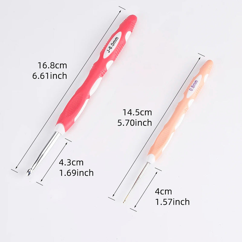 The Crochet Hook Set 9 Pcs with Soft Grip Handles features two hooks: a pink one measuring 6.61 inches with a 1.69-inch head and an orange one measuring 5.70 inches with a 1.57-inch head, all color-coded against a white background along with their measurements displayed.