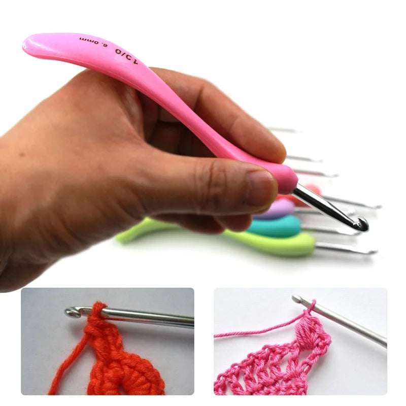 A hand holds a pink crochet hook from the Crochet Hook Set 8 Pcs with Soft Grip Handles, highlighting its ergonomic design and comfortable grip, while the rest of the set is seen in the background. Two close-up images below display crochet stitches crafted with vibrant orange and pink yarn.