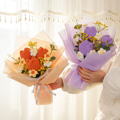 Introducing the "Crochet Tulip Bouquet: Springtime in Every Stitch" - a pair of exquisite handcrafted bouquets. One bouquet features vibrant orange and yellow tulips, while the other showcases elegant purple and white blooms. Set against a sheer curtain backdrop, these timeless arrangements make the perfect gift for any occasion.