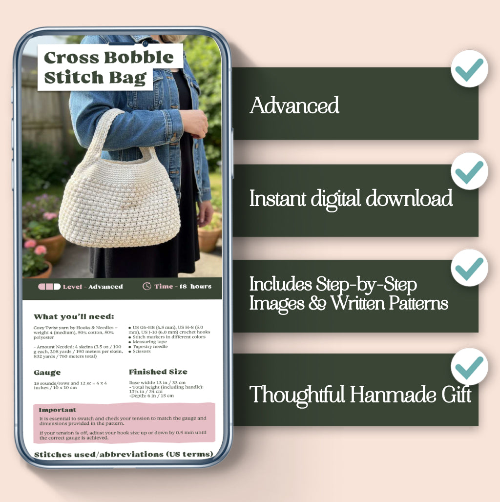 A phone shows the Cross Bobble Stitch Bag Crochet Pattern, highlighting its skill level, download options, textured bag design features, and its potential as a unique gift idea.