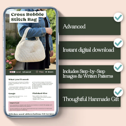A phone shows the Cross Bobble Stitch Bag Crochet Pattern, highlighting its skill level, download options, textured bag design features, and its potential as a unique gift idea.