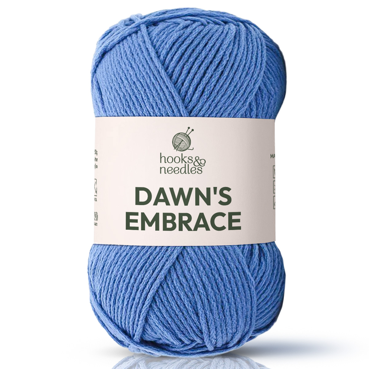 A skein of blue bulky Dawn’s Embrace Yarn against a white background—ideal for making cozy blankets or other soft acrylic projects.