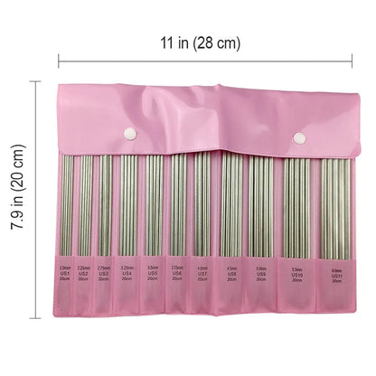 A pink storage case with durable aluminum knitting needles of various sizes, measuring 11 inches by 7.9 inches when closed. The needle sizes are indicated on the case front. This is the 55 Pcs Double Pointed Knitting Needle Set.