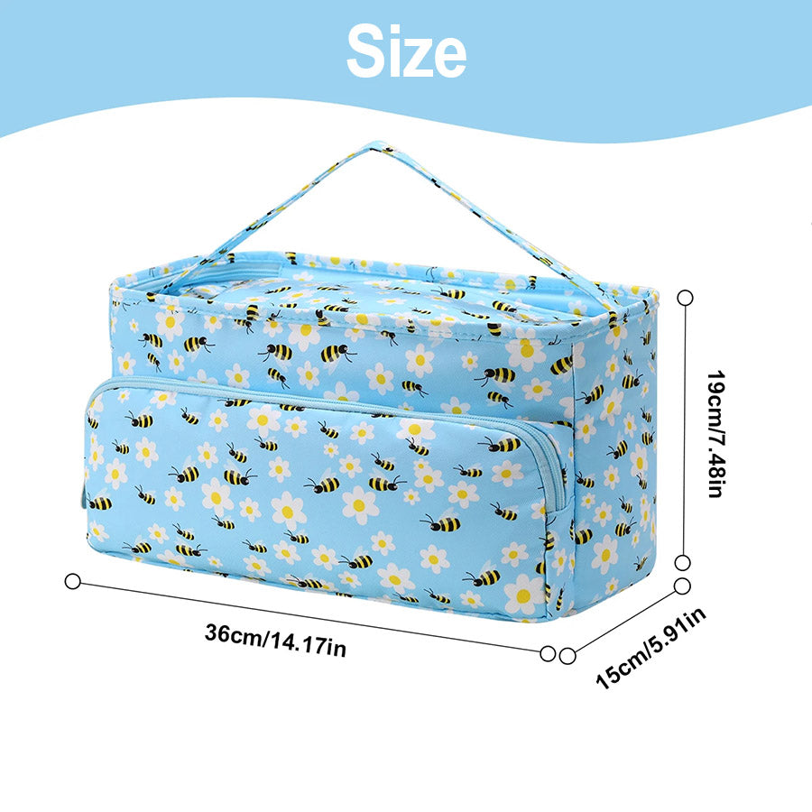 Large Knitting Bag: Yarn Storage Organizer (bundle) featuring a bee and flower pattern, ideal for knitting enthusiasts. It keeps your yarn and accessories neatly organized. Dimensions: 36cm x 15cm x 19cm (14.17in x 5.91in x 7.48in).