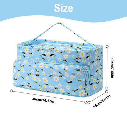 Image showing a blue fabric storage bag with dimensions 36cm x 15cm x 19cm. The Large Knitting Bag: Yarn Storage Organizer, ideal for yarn storage, features a charming bee and flower pattern and a handle on top. Its large capacity design makes it perfect as a knitting bag.