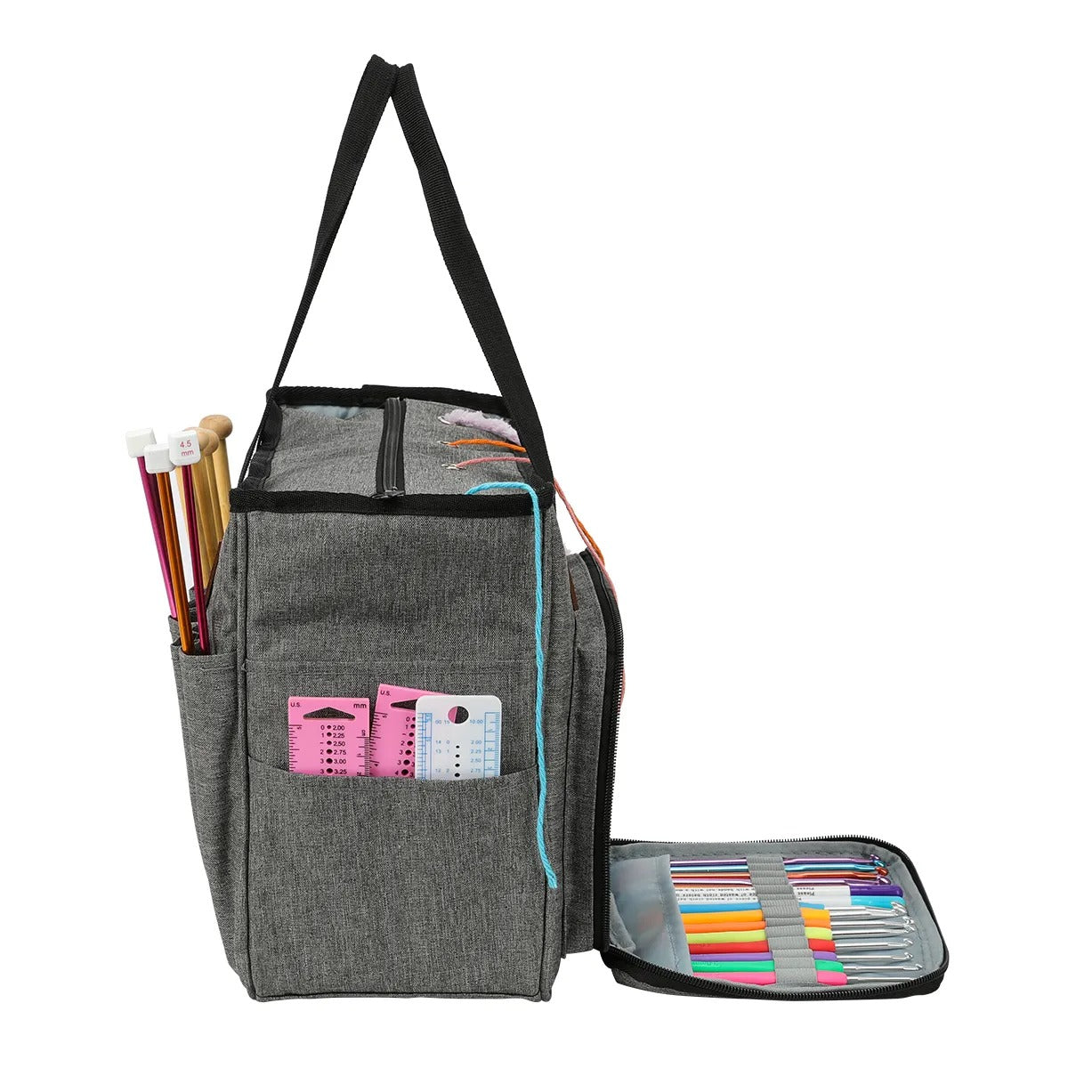 Gray Yarn Organizer tote bag with various art supplies.