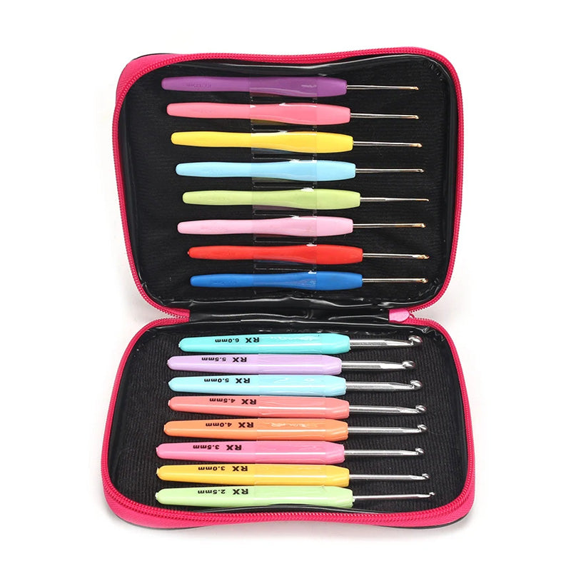 A zippered case containing an Ergonomic Crochet Hook Set 16 Pcs with Case, arranged in two rows inside.