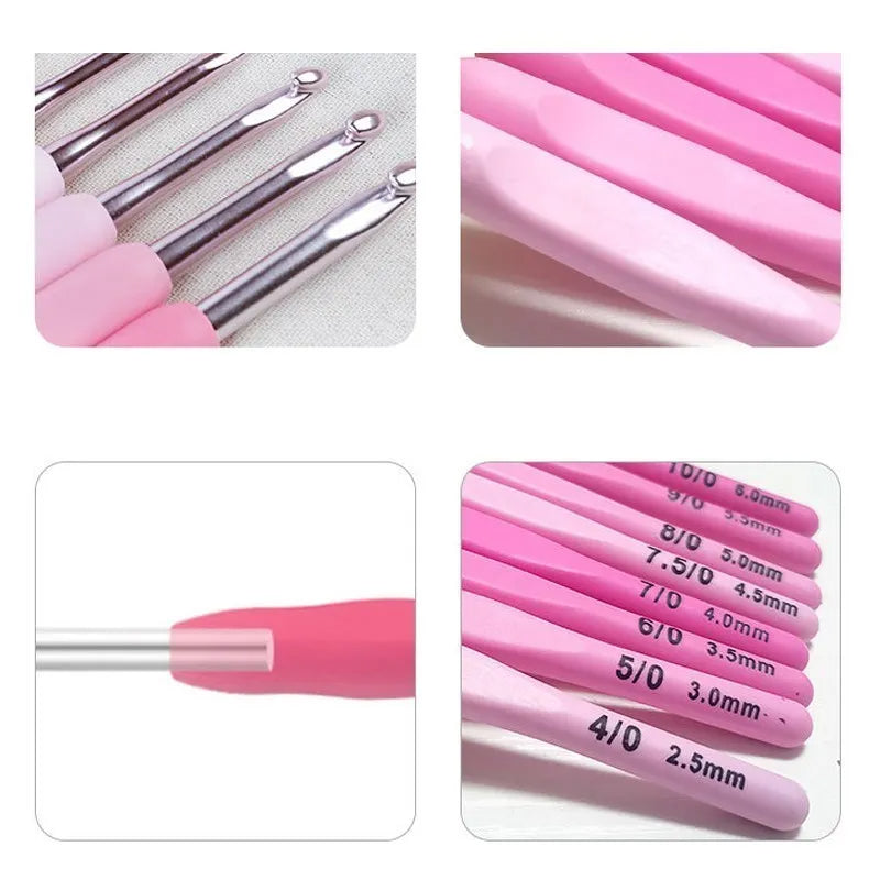 Close-up images of Ergonomic Crochet Hook Set 9 Pcs with Case with sizes ranging from 2mm to 6mm printed on the handles, perfect for pain-free crocheting.