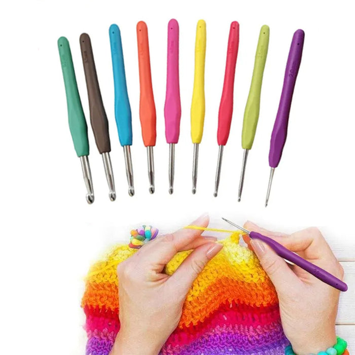 Ten high-quality Ergonomic Crochet Hook Set 9 Pcs are depicted, arranged side by side at the top. Below, hands are using a purple crochet hook with an ergonomic grip, working on a piece with rainbow-colored yarn.