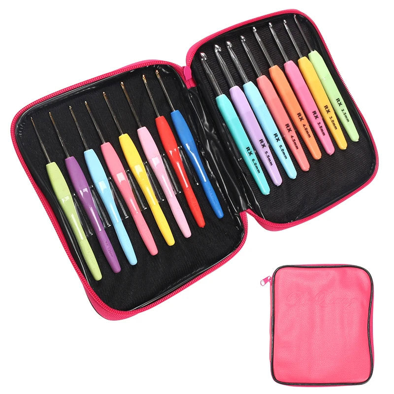 A pink zippered case containing 12 colorful, ergonomic crochet hooks of varying sizes, neatly arranged in elastic loops—an Ergonomic Crochet Hook Set 16 Pcs with Case ideal even for arthritic hands.