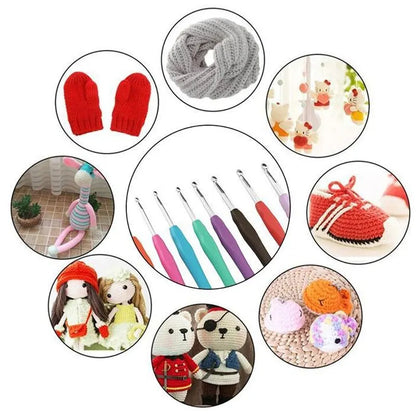 Various crochet items and tools including an Ergonomic Crochet Hook Set 9 Pcs with durable aluminum hooks featuring ergonomic grips, red mittens, various crochet dolls, baby booties, and decorative crochet figures arranged in a circular layout.