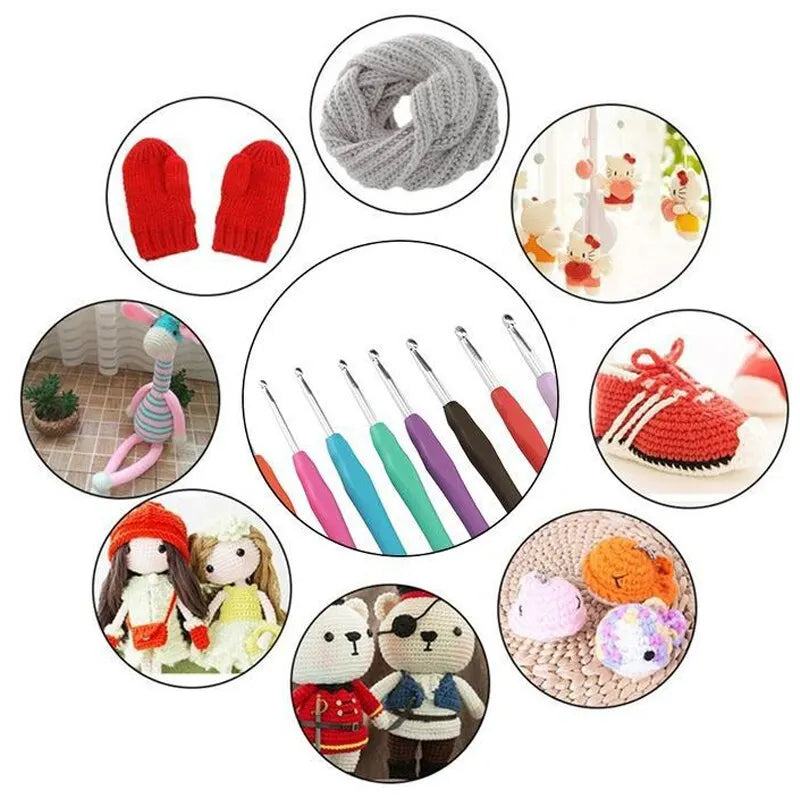Various crochet items and tools including an Ergonomic Crochet Hook Set 9 Pcs with durable aluminum hooks featuring ergonomic grips, red mittens, various crochet dolls, baby booties, and decorative crochet figures arranged in a circular layout.