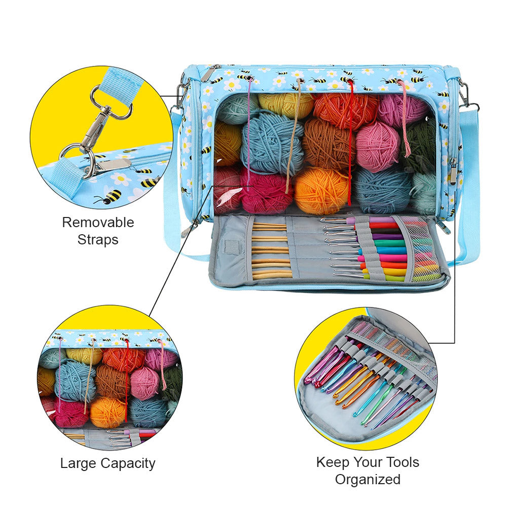 A spacious Yarn Bag - Storage Organizer with multiple compartments is perfect for knitting and crocheting essentials. This blue bag with a bee pattern features waterproof storage, crochet hooks, yarn balls, removable straps, and organized storage options to keep everything in its place.
