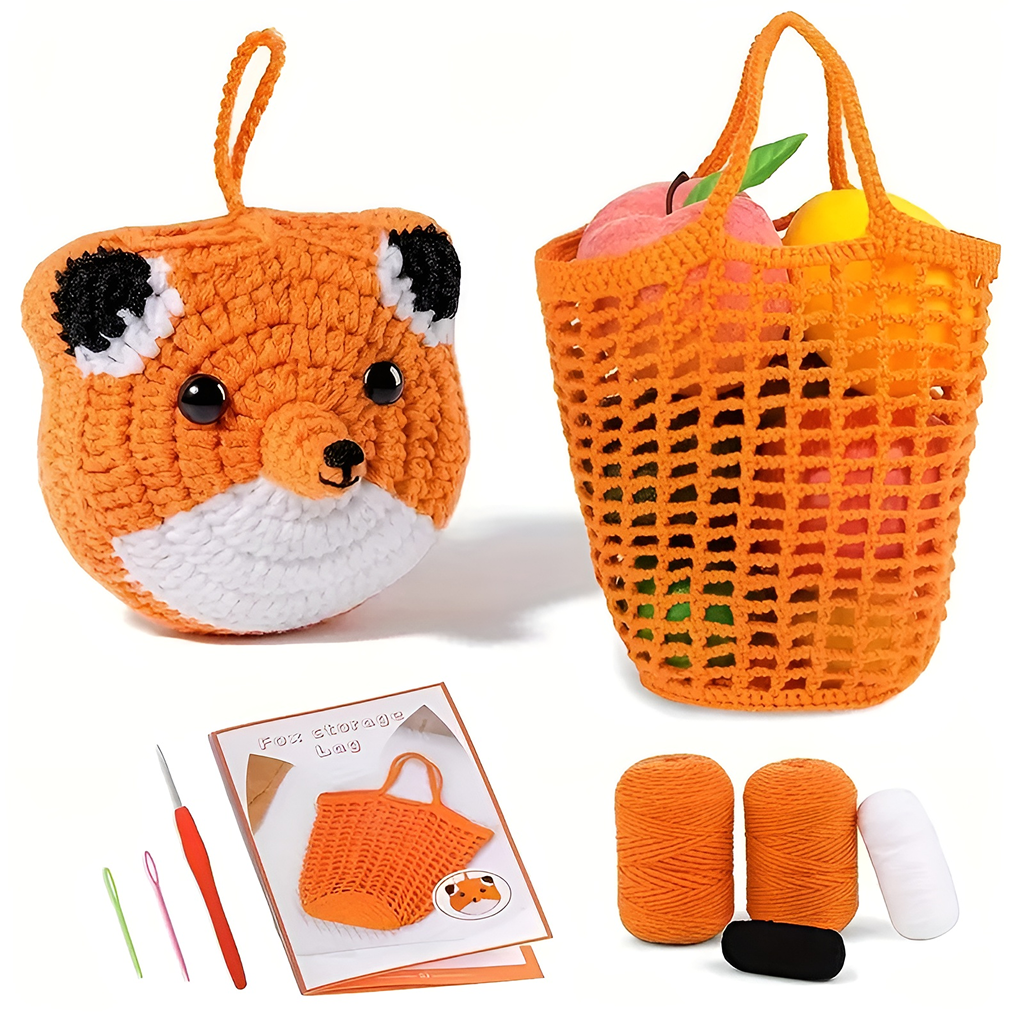 Explore our DIY Crochet Fox Bag Kit—create a charming fox-shaped pouch with included crochet hooks, yarn skeins, an orange fruit mesh bag, and a step-by-step instruction booklet.