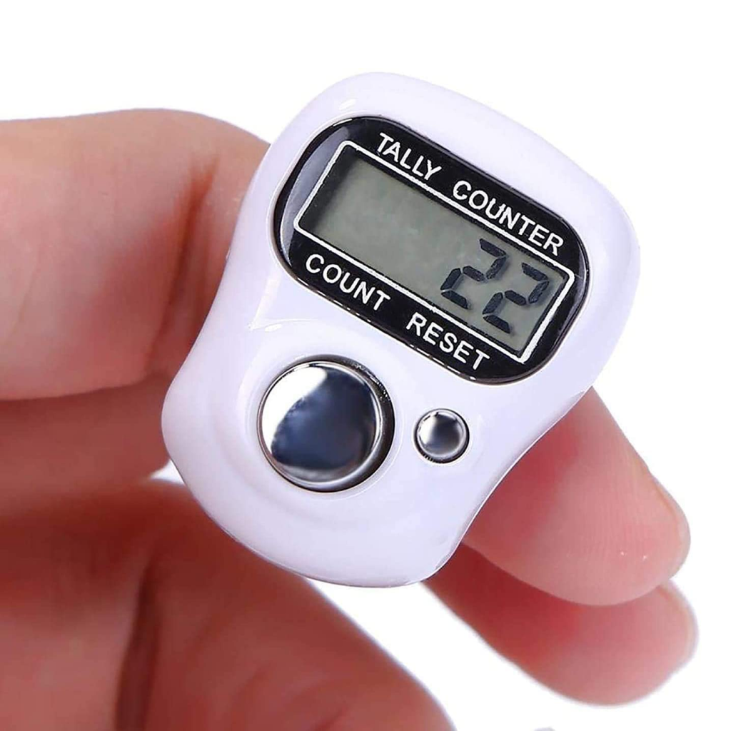 A hand holds the Digital Row Counter, showing the number 22. Its durable design features clearly visible "COUNT" and "RESET" buttons for easy tracking.