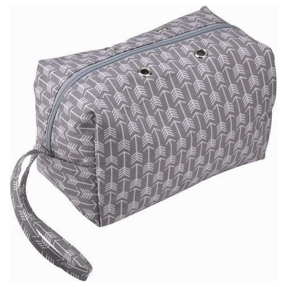 The Portable Knitting Organizer is a gray rectangular fabric pouch with a white arrow pattern, zipper closure, two metal grommets, and a wrist strap—perfect for storing yarn and small knitting projects on the go.