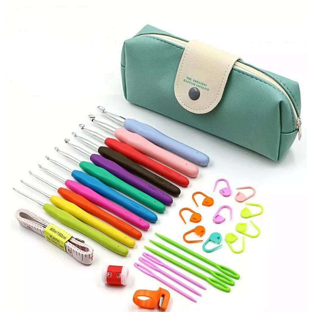 The Crochet Hook Set 31 Pcs with Bag - Beginner Friendly includes colorful hooks, stitch markers, plastic needles, scissors, tape measure, and a green zippered case—ideal for all your crafting needs.