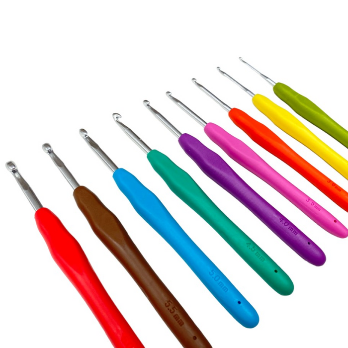 The Ergonomic Crochet Hook Set 9 Pcs features colorful, comfortable grips and sturdy aluminum heads, each hook labeled with its size in millimeters and arranged diagonally on a white background.