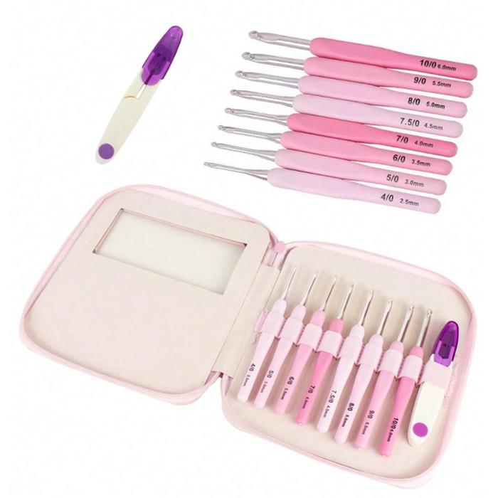 The Ergonomic Crochet Hook Set 9 Pcs with Case includes pink ergonomic hooks in various sizes, a purple-handled accessory, and a stylish portable case for easy organization and travel.
