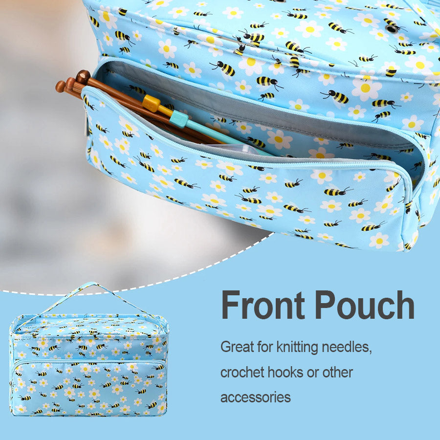 A blue floral and bee-patterned Large Knitting Bag: Yarn Storage Organizer featuring a front pouch perfect for holding knitting needles, crochet hooks, or other knitting accessories. Text reads "Front Pouch: Great for storing yarn and needles.