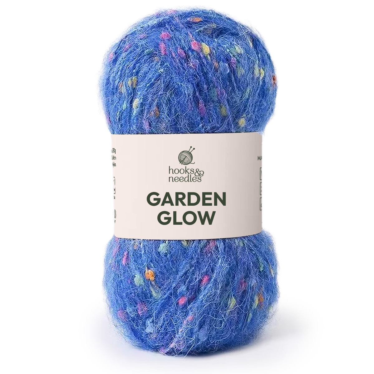 Garden Glow Yarn is a skein of medium weight blue yarn with multicolored flecks, perfect for adding a vibrant, cheerful touch to any project.