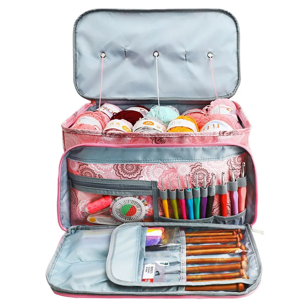 Multi-Purpose Craft Bag with compartments for yarn, needles, and other crocheting accessories.
