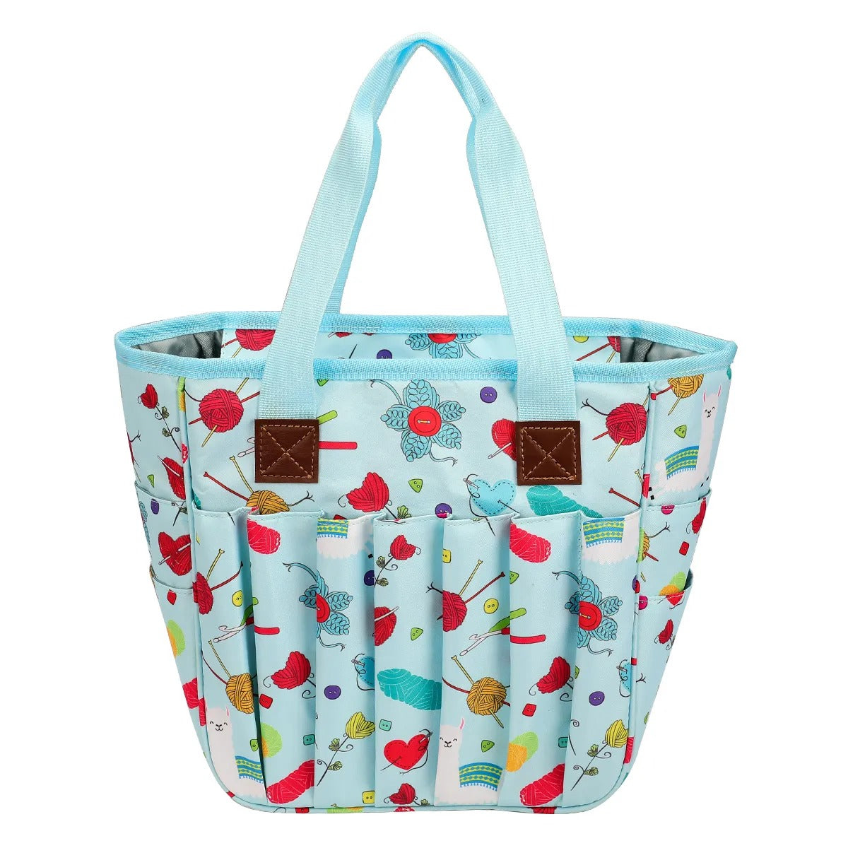 Yarn Organizer Tote with blue handles and craft organizer.