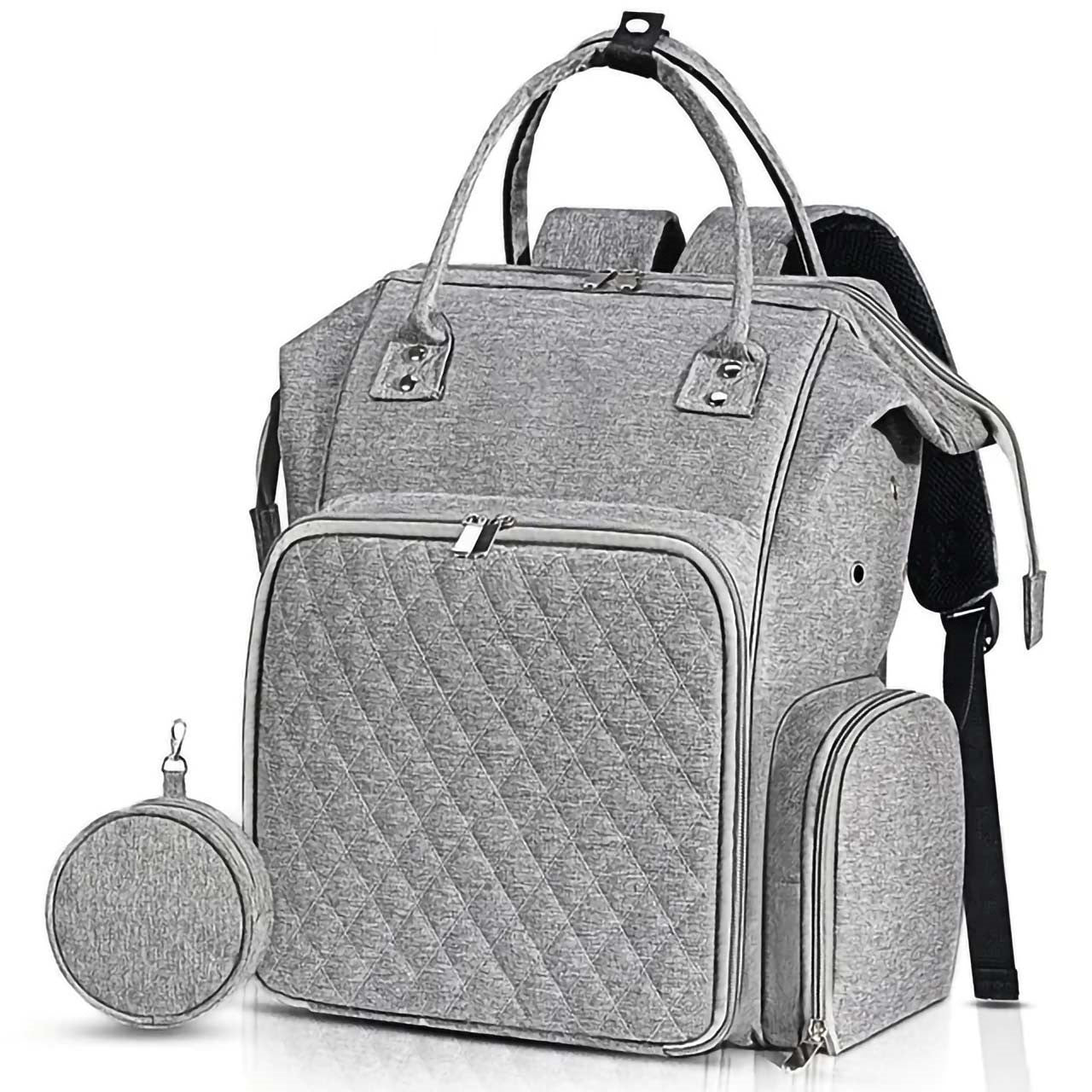 The Oxford Serenity Luxe Bag (bundle) is a gray diaper bag made from durable 600D Oxford fabric. It includes multiple compartments, such as a large front pocket, side pockets, and a round accessory pouch, ideal for organizing knitting and crocheting tools.