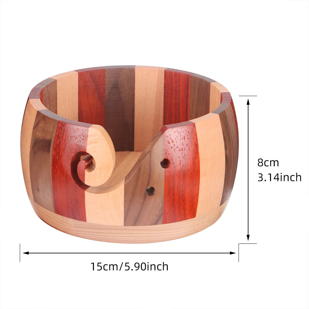 Handcrafted Handmade Wooden Yarn Bowl with natural grain patterns and dimensions labeled: 15 cm in diameter and 8 cm in height.