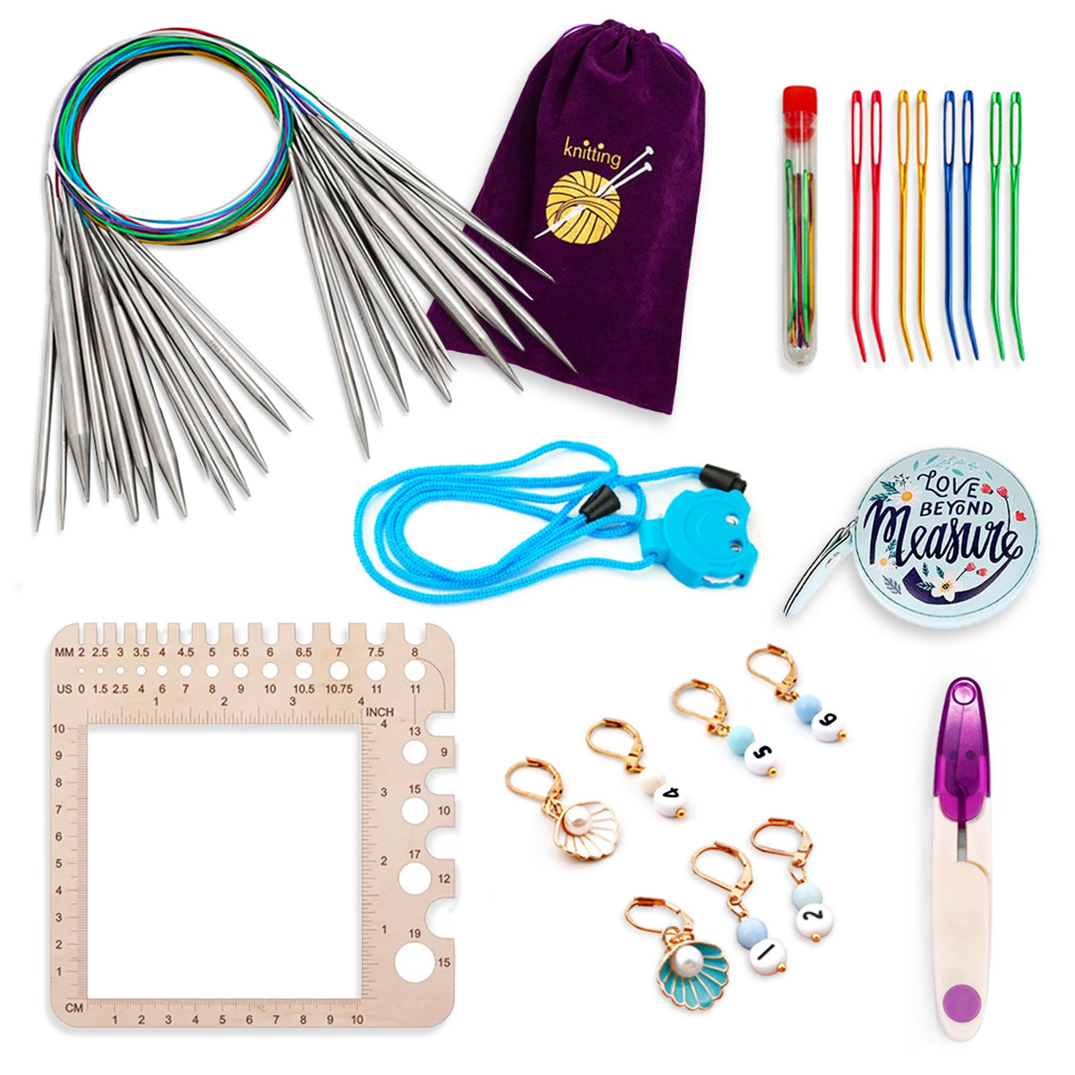 The 35-Piece Knitting Kit: Perfect for Beginners includes circular needles, a yarn gauge, stitch markers, a row counter, a needle gauge, gauge swatches, a bag, darning needles, and a tape measure—ideal for beginner knitters ready to start their knitting projects.