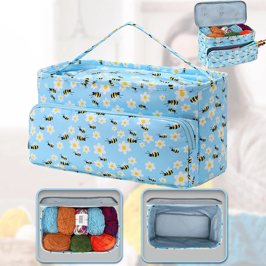 The Large Knitting Bag: Yarn Storage Organizer (bundle) is a delightful blue bag with a floral and bee pattern. It features a roomy main compartment for yarn storage and well-organized accessories. Additional images highlight the intricate interior and exterior details, displaying vibrant yarn colors stored inside.