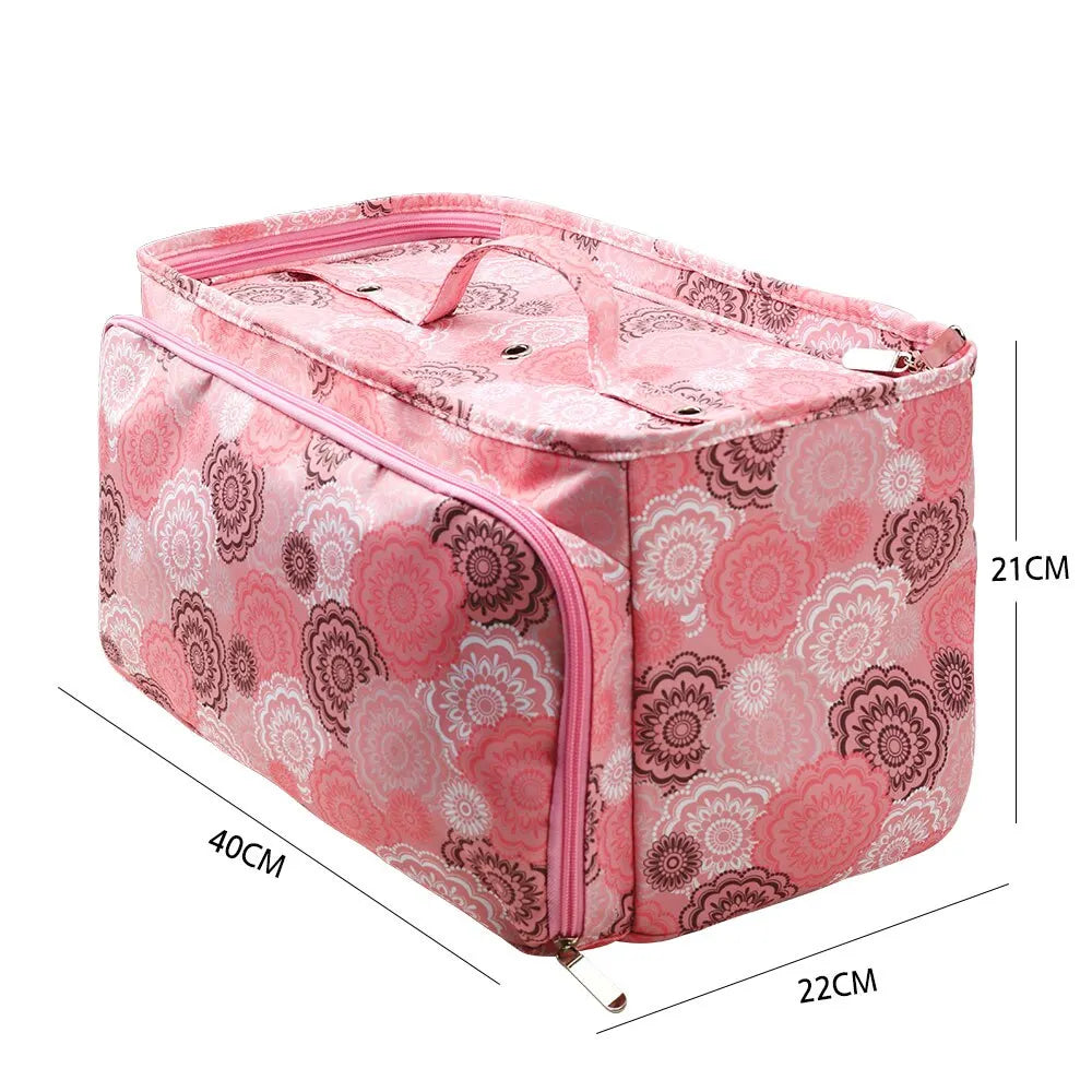 A pink floral patterned Multi-Purpose Craft Bag with dimensions 40cm x 22cm x 21cm.