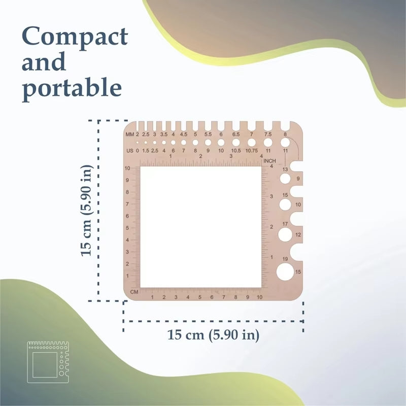 The Universal Knitting & Crocheting Gauge Ruler is a compact and portable tool featuring square and circular cutouts, with measurements labeled in both centimeters and inches. Each side measures 15 cm (5.90 in), making it ideal for checking crochet hook sizes or swatch gauges while on the move.