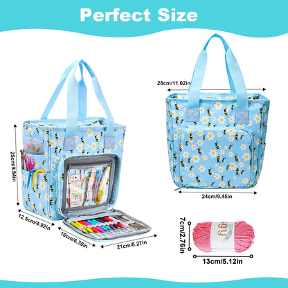 Blue floral crafting bag with multiple pockets and compartments, including a front open section displaying various tools and yarn. Ideal as a **Multifunctional Knitting Tote Bag: Yarn Storage Organizer**, its dimensions are labeled to highlight ample storage capacity for all your knitting supplies.