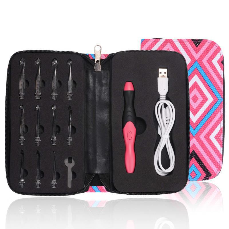 The LED Crochet Hooks: 11-in-1 Rechargeable (Bundle52) set includes adjustable brightness crochet hooks, multiple hook sizes, a pink and black handle, a wrench, a USB charging cable, all packaged in a stylish geometric-patterned case.