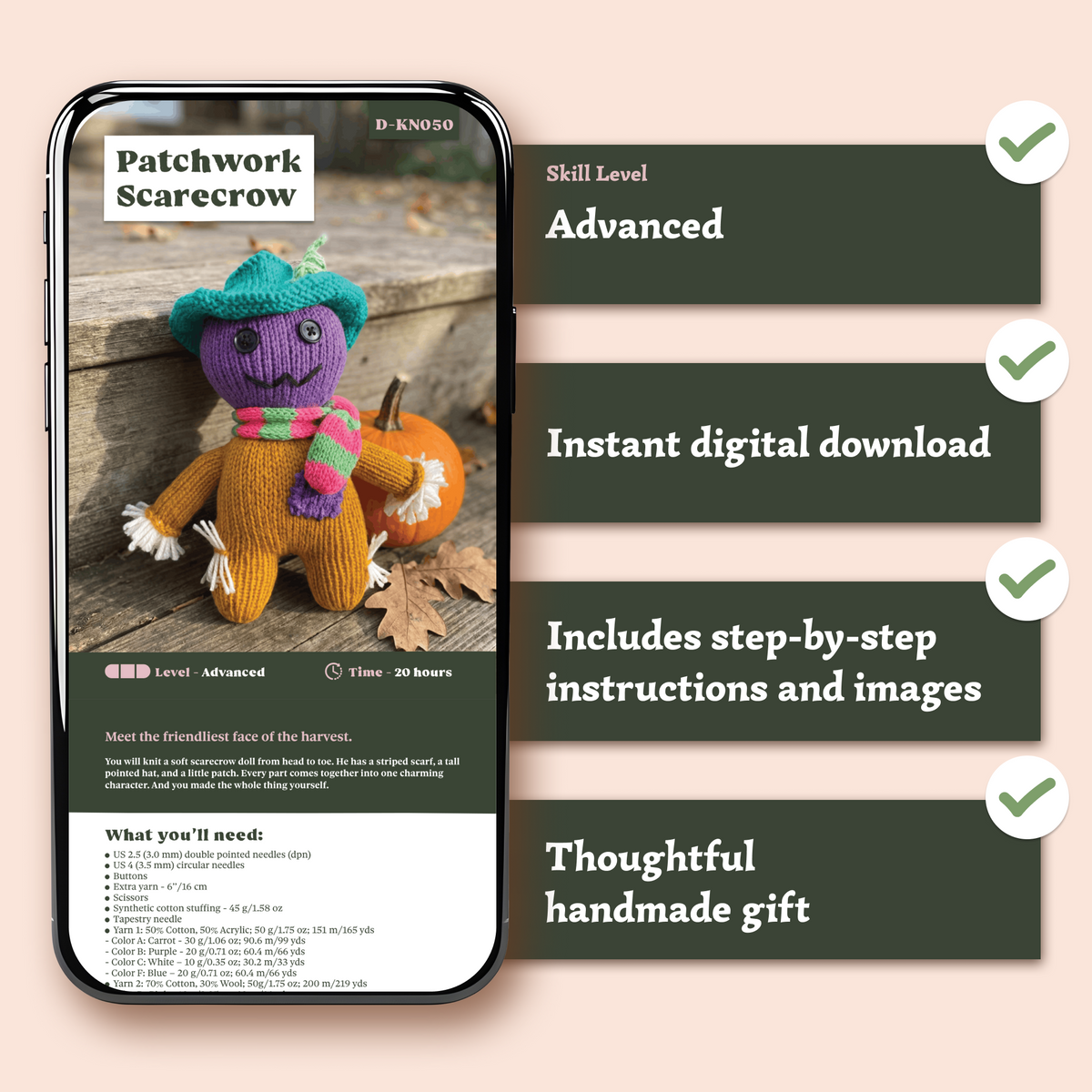 Patchwork Scarecrow Knitting Pattern | Digital PDF Instant Download 🍂