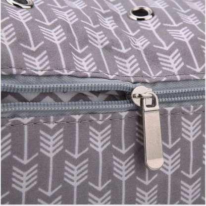 Close-up of the gray fabric with white arrows, silver zipper, and metal grommets on the Portable Knitting Organizer—perfect details for stylish and practical yarn storage for your knitting projects.