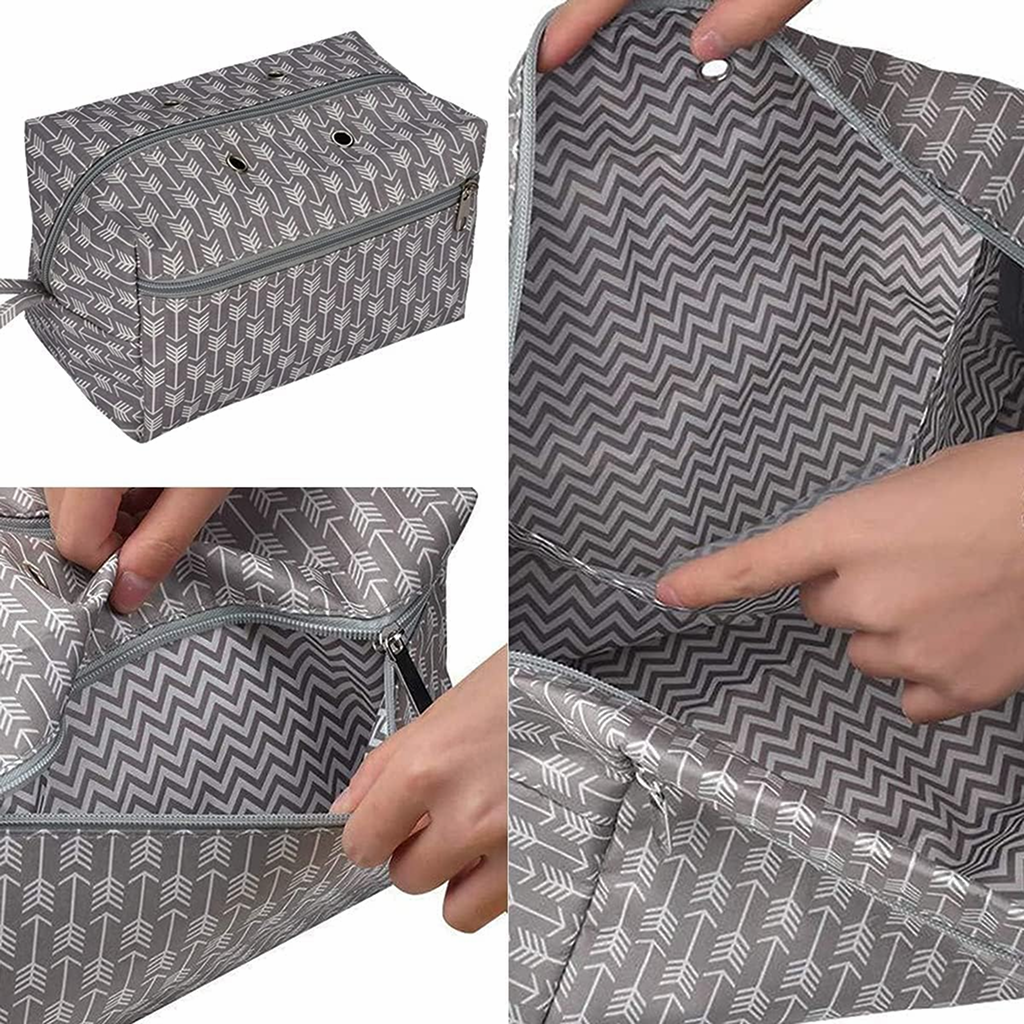 The Portable Knitting Organizer is a gray travel bag with white arrows, shown open to reveal a spacious chevron-lined interior and zippered compartments—ideal for storing yarn or small knitting projects. Hands are seen opening the pockets.