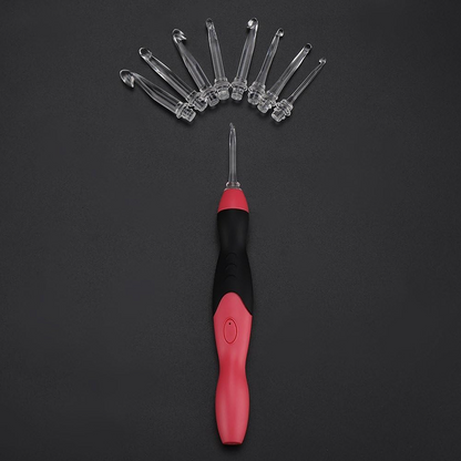 The LED Crochet Hooks: 11-in-1 Rechargeable set features a red and black ergonomic handle with seven interchangeable heads, displayed in a semicircle on a dark background.