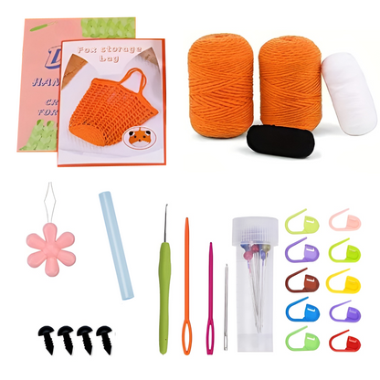 The DIY Crochet Fox Bag Kit includes orange and white yarn, crochet hook, plastic needles, stitch markers, a flower keychain, an instruction booklet, and essential tools—everything you need to make your own Fox Bag and more.